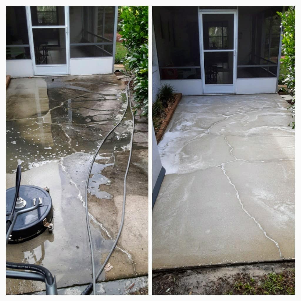 Pool enclosure patio before and after cleaning